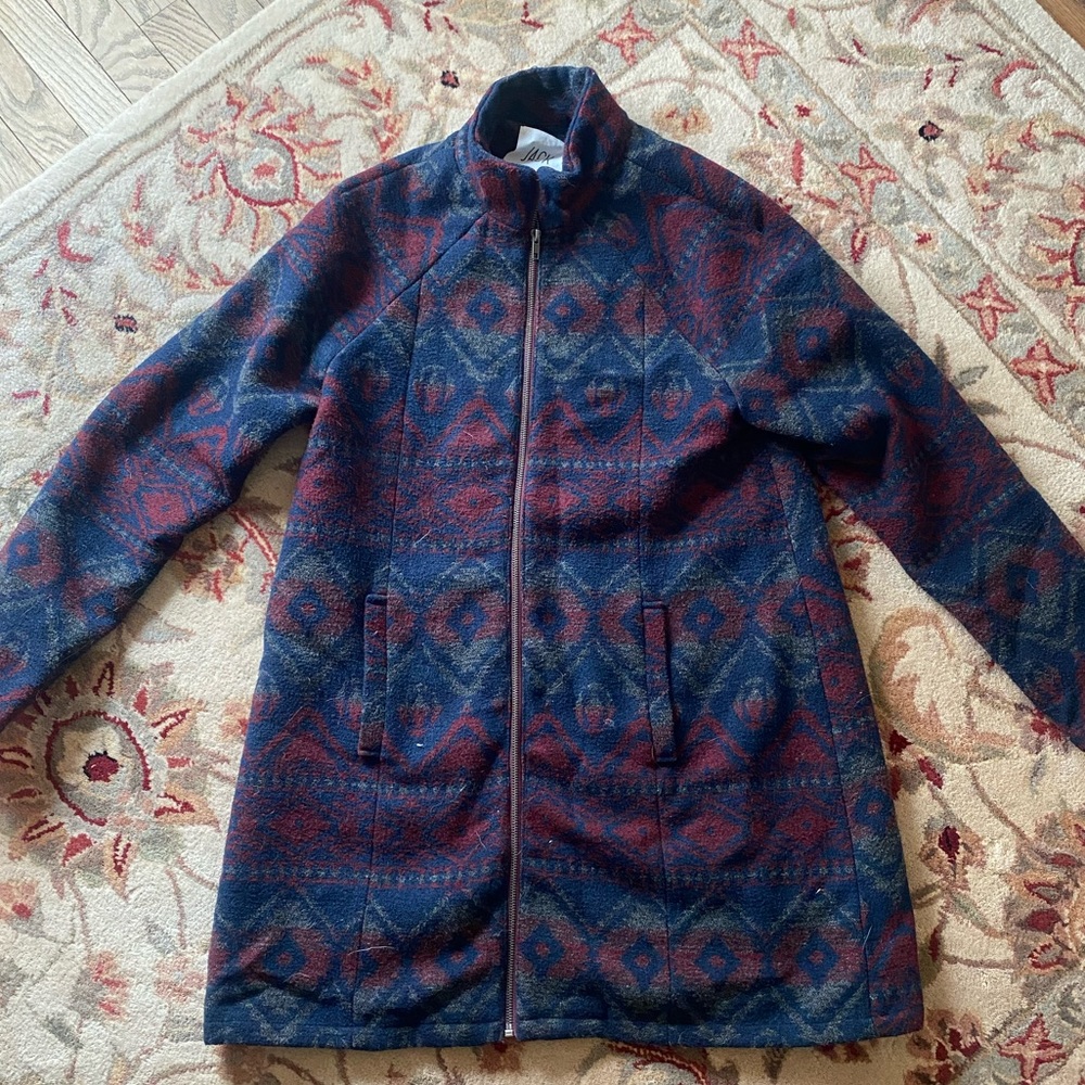 Winter coat, lightly worn, blue/maroon/grey color